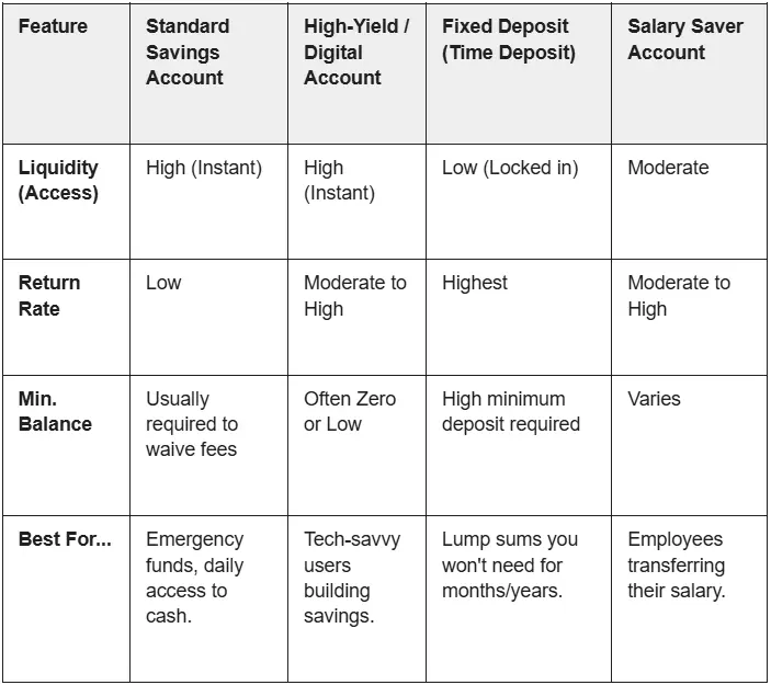 Comparison of bank accounts with their main features