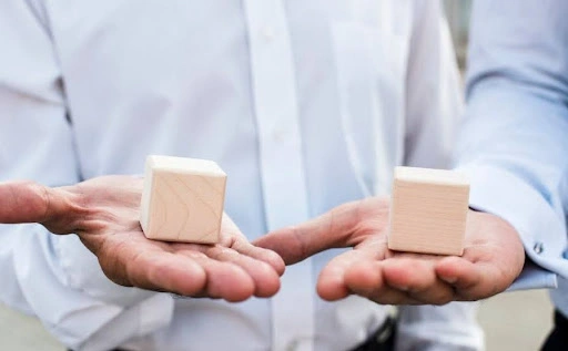 A professional holding two wooden cubes, representing the holding company vs foundation