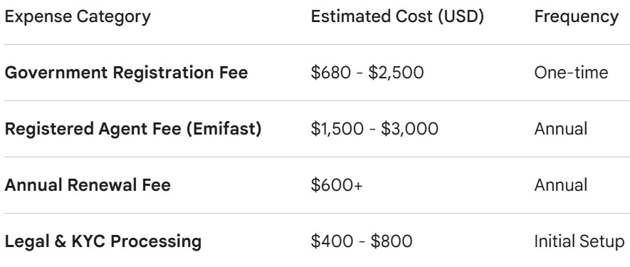 Expense table for rak icc company formation