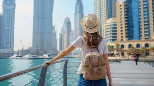 A woman standing at the Dubai Marina waterfront looking at the city skyline and skyscrapers